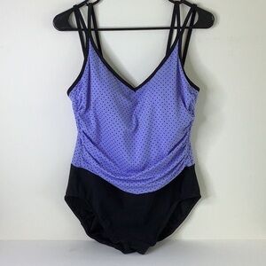 Trimshaper Purple and Black One Piece Polka Dot Swimsuit with V-Neckline